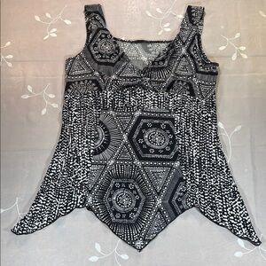 Y2K Black & White Geometric Sleeveless Babydoll Top Woman Sz M Handkerchief Hem